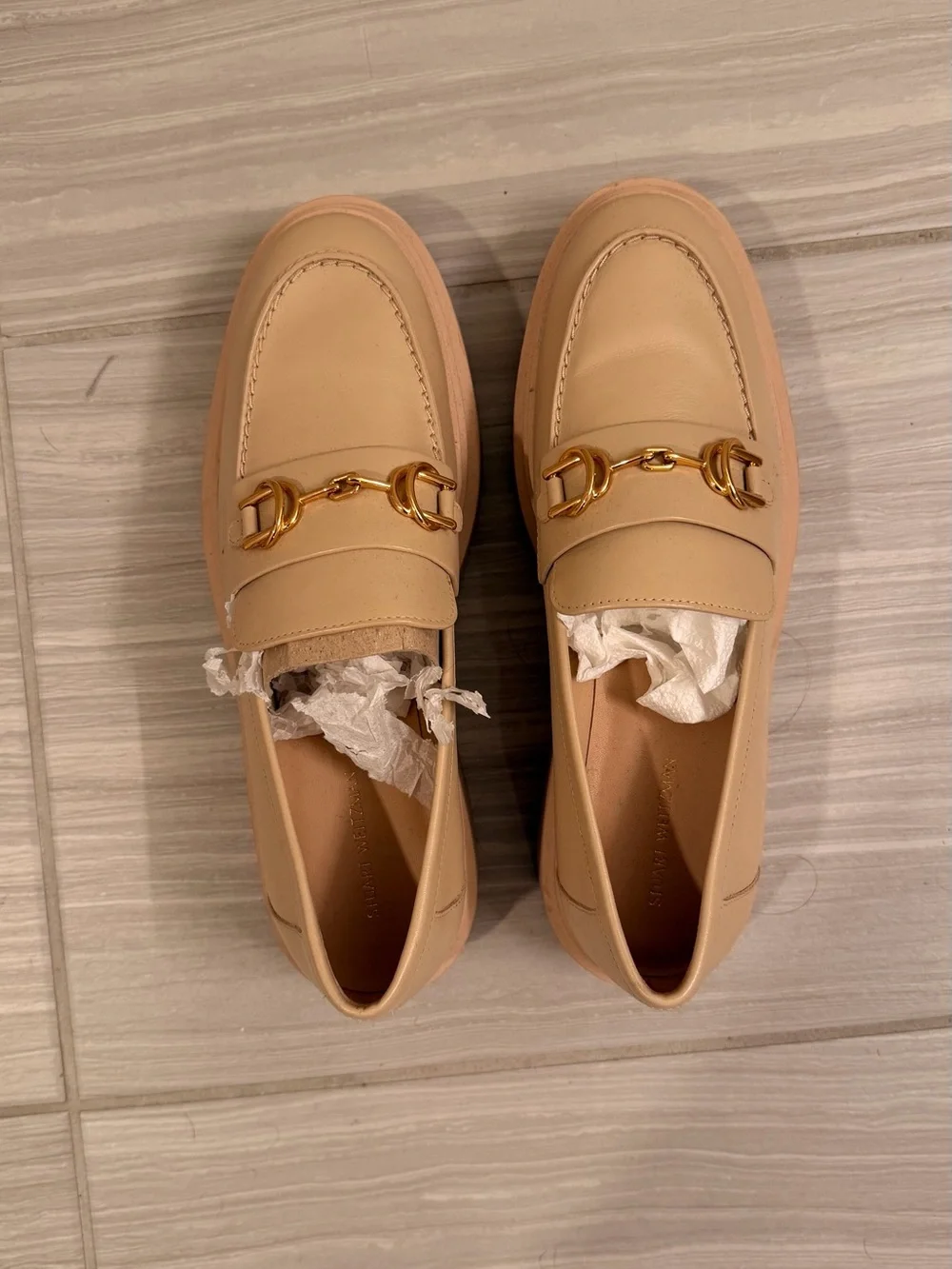 Stuart Weitzman Women's Platform Loafers in Beige with Gold Buckle